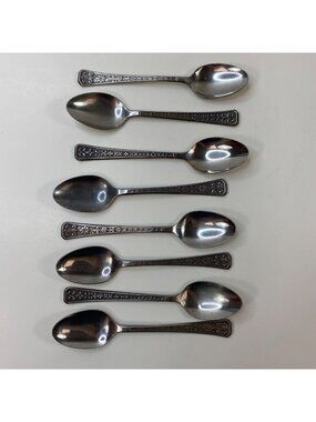 Set 8 Vintage Interpur Florenz Stainless Steel Tea Spoons Petal Fleur De Lis